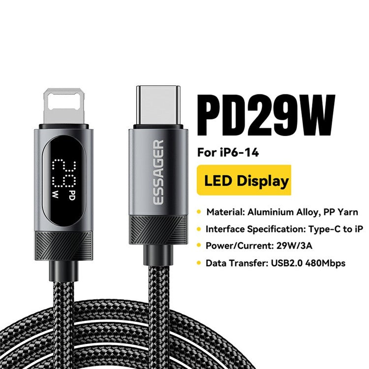ESSAGER 2m Data Cable 29W LED Display Fast Charging USB C to Lightning Braided Data Cord