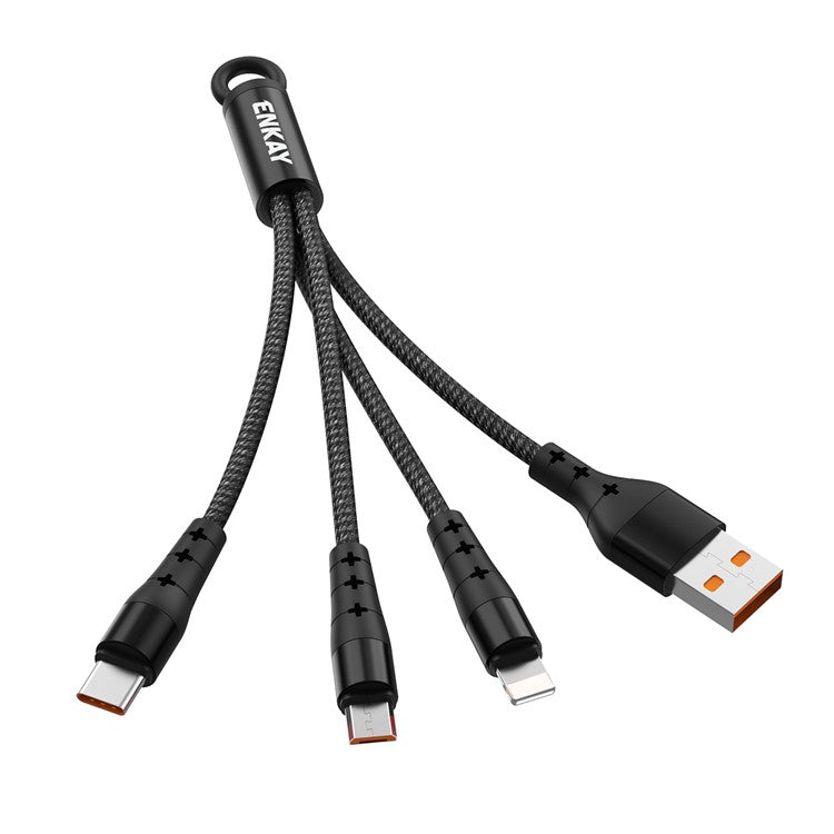 HAT PRINCE ENKAY ENK-CB400 Cloth Skin Round Cable Android/Type-C/Apple 3 in 1 Mini Portable Charging Cable - Black