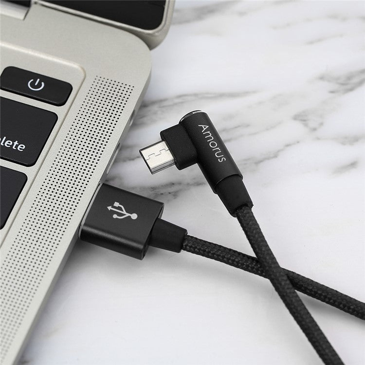 AMORUS Micro USB 2A Angle Head Aluminum Alloy Braided Data Cable - Black