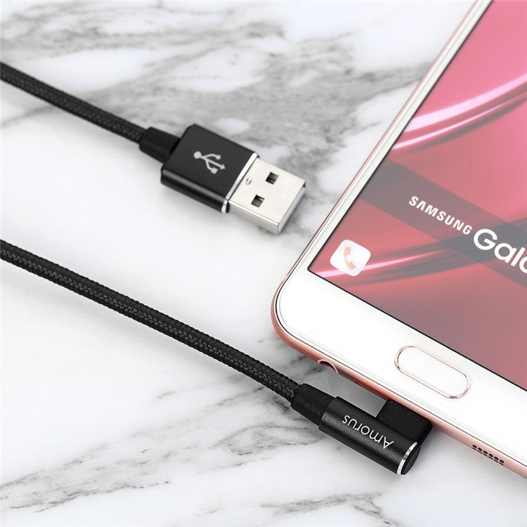 AMORUS Micro USB 2A Angle Head Aluminum Alloy Braided Data Cable - Black