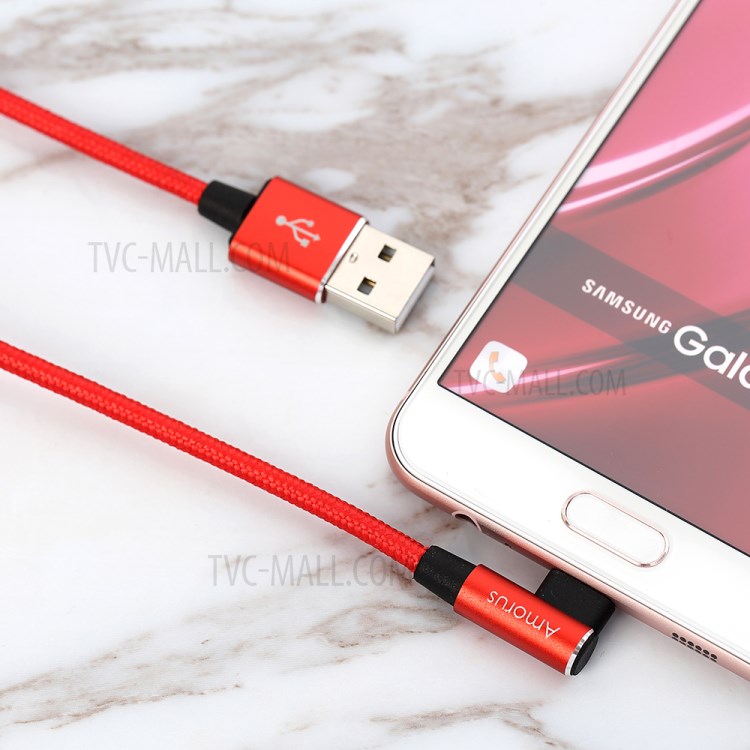 AMORUS Micro USB 2A Angle Head Aluminum Alloy Braided Data Cable - Red