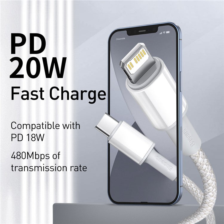 BASEUS Type-C to iP PD 20W High Density Braided Fast Charging Data Cable 2m - White