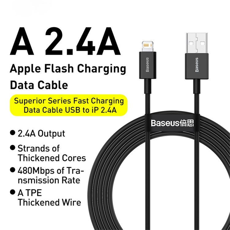 BASEUS Superior Series Fast Charging Data Cable USB to iP 2.4A 2m - Black