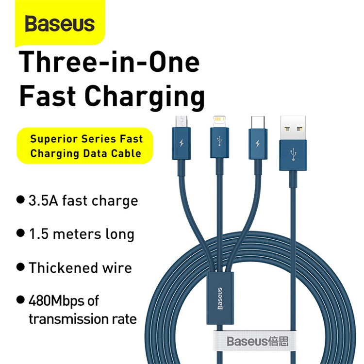 BASEUS Superior Series 3-in-1 USB to Micro/iP/Type C 3.5A Fast Charging Data Cable 1.5m - Blue