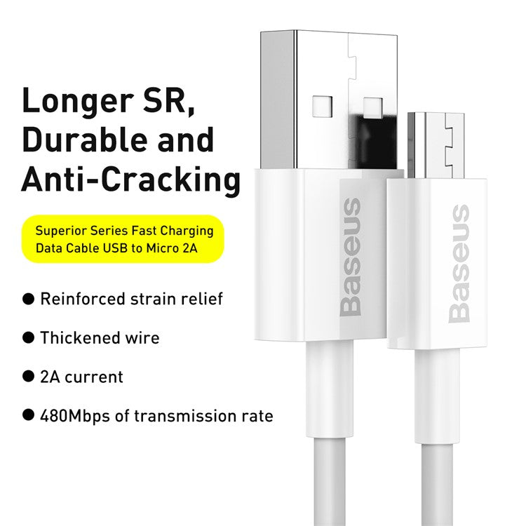 BASEUS Superior Series Fast Charging Data Cable USB to Micro 2A Cord 1m - White