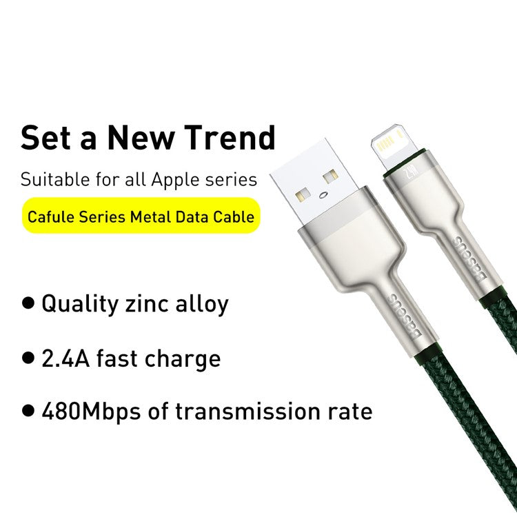 BASEUS Cafule Series Metal Data Cable USB to IP 2.4A Charging Cord 2m - Green