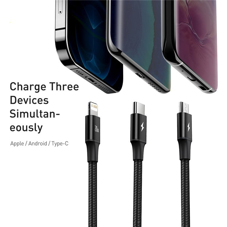 BASEUS Rapid Series 3-in-1 Fast Charging Data Cable Type-C to M+L+C PD 20W 1.5m - Black