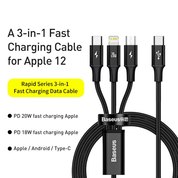 BASEUS Rapid Series 3-in-1 Fast Charging Data Cable Type-C to M+L+C PD 20W 1.5m - Black
