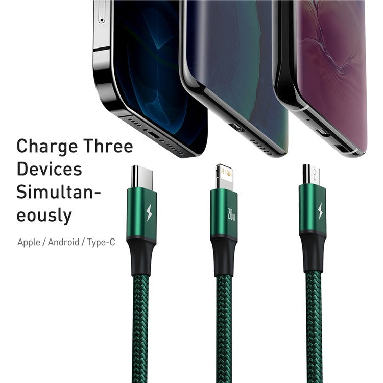 BASEUS Rapid Series 3-in-1 Fast Charging Data Cable Type-C to M+L+C PD 20W 1.5m - Green