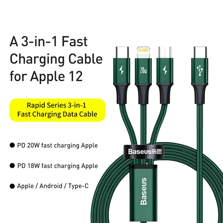 BASEUS Rapid Series 3-in-1 Fast Charging Data Cable Type-C to M+L+C PD 20W 1.5m - Green