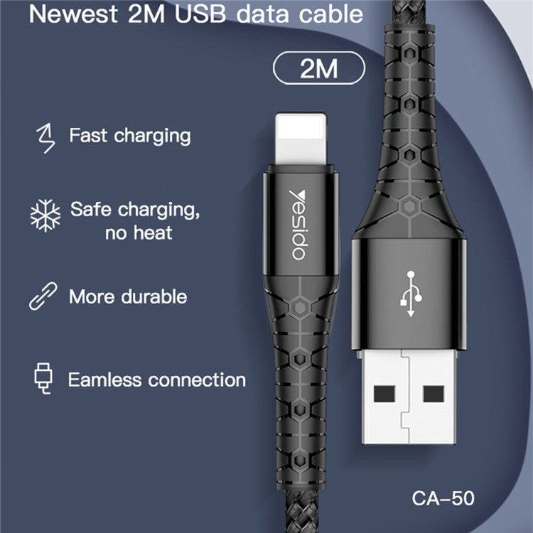 YESIDO CA50 2m Lightning Data Cable Support 2.4A Fast Charging Nylon Braided Cord