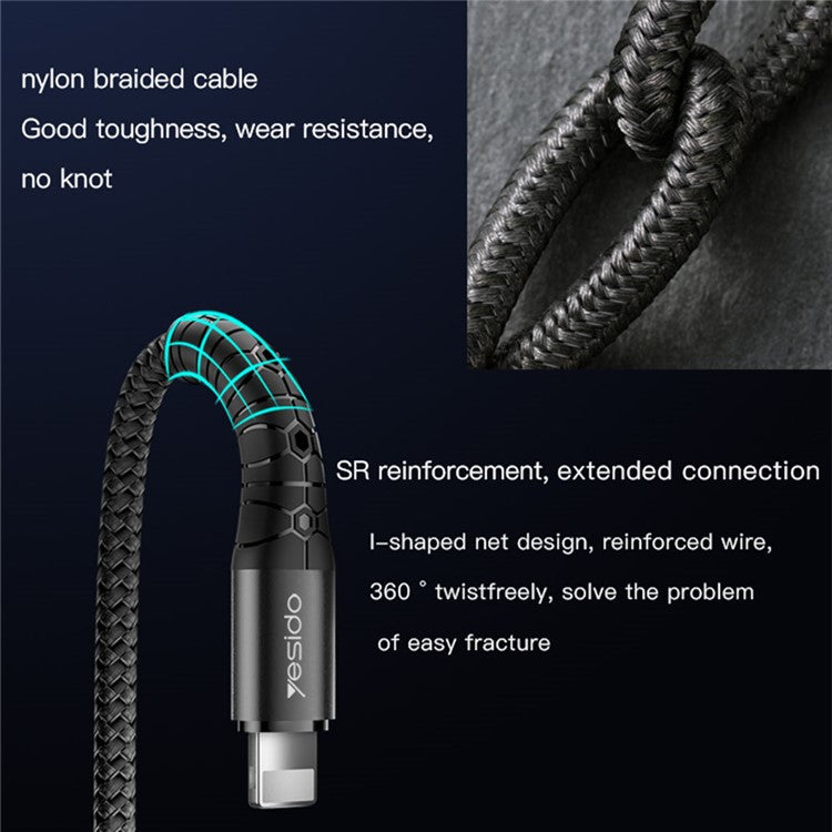 YESIDO CA50 2m Lightning Data Cable Support 2.4A Fast Charging Nylon Braided Cord