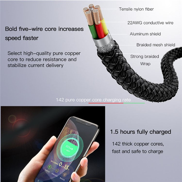 YESIDO CA50 2m Lightning Data Cable Support 2.4A Fast Charging Nylon Braided Cord