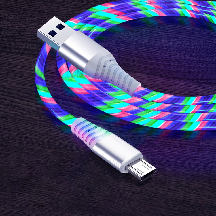 2m Glowing 3A Fast Charging Cable High-Speed Flowing Streamer Light LED Data Transfer Micro USB Cable - Multi-color