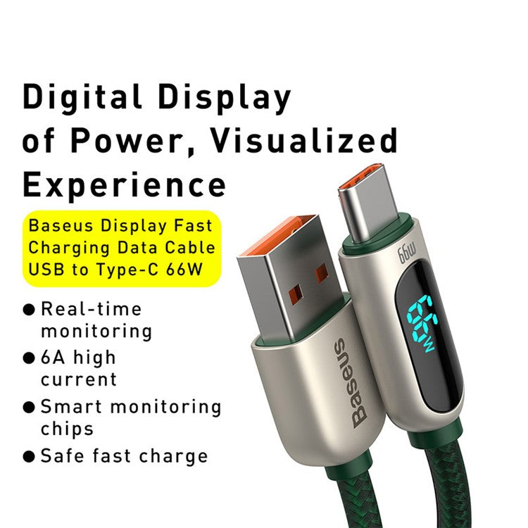 BASEUS Display Fast Charging Data Cable USB to Type-C 66W 6A 1m - Dark Green