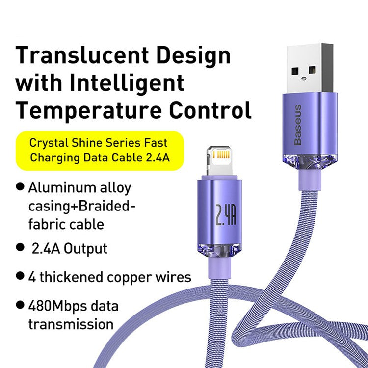 BASEUS Crystal Shine Series 2.4A Fast Charging USB to iP Data Cable 1.2m - Purple