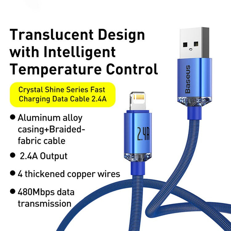BASEUS Crystal Shine Series 2.4A Fast Charging USB to iP Data Cable 2m - Blue