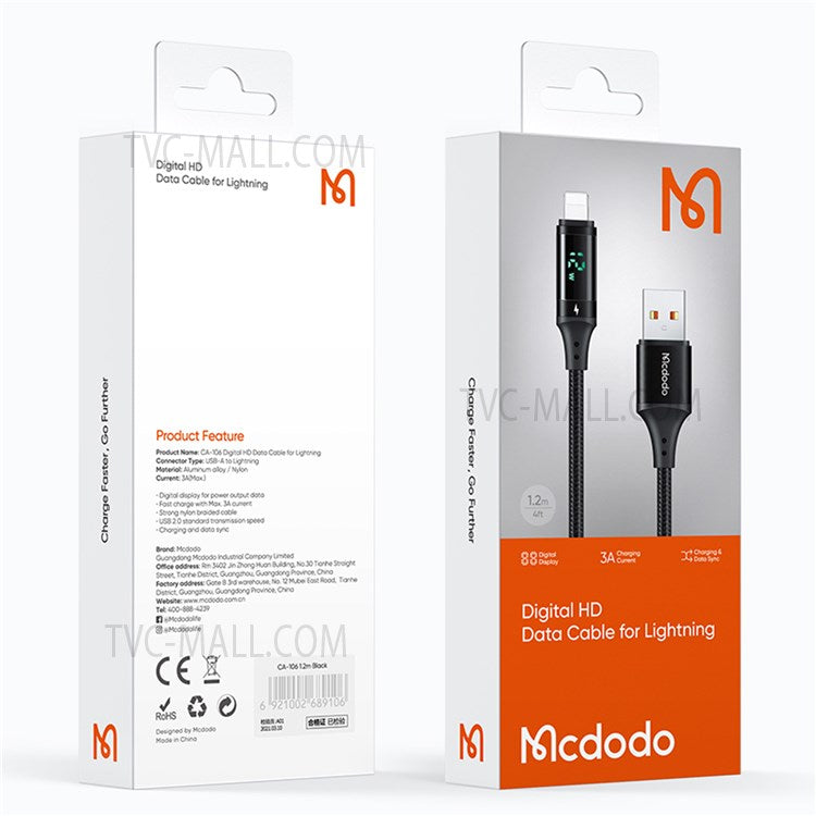 MCDODO MDD CA-1060 1.2m 480Mbps Data Transmission Lightning Port Charging Cable Wire - Black