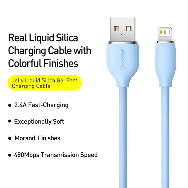 BASEUS Liquid Silicone Gel USB to iP Cell Phone Cable 2m Charging Cable 2.4A Fast Charging 480Mbps Data Transmission Cord - Blue