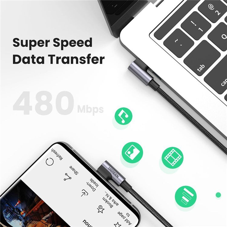 UGREEN 1m USB C to Type C 90 Degree Right Angle Data Cable 100W PD Fast Charge for Laptop/Smartphone/Tablet