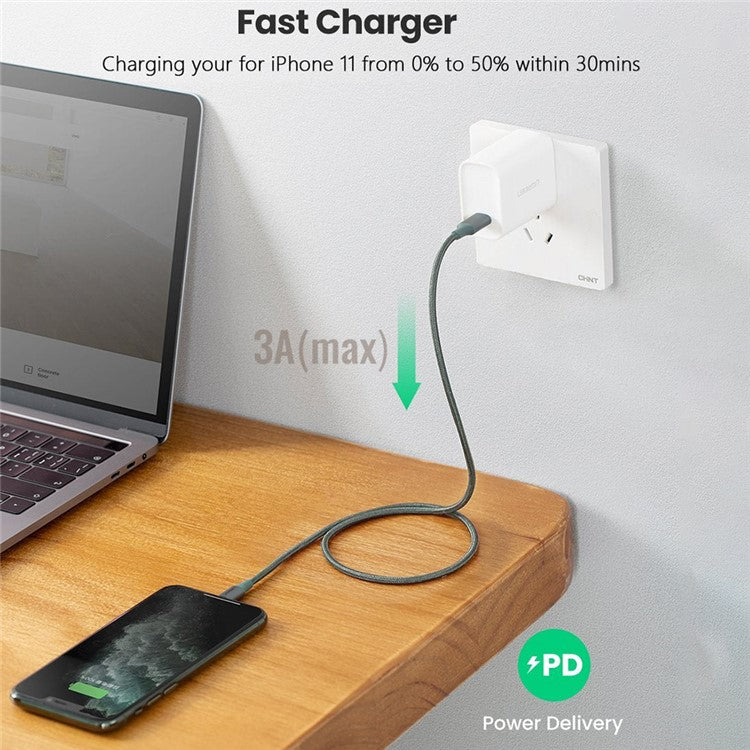 UGREEN MFI Certified Type-C to Lightning 3A PD Charger Aluminum Shell High Speed Data Cable for iOS - Midnight Green