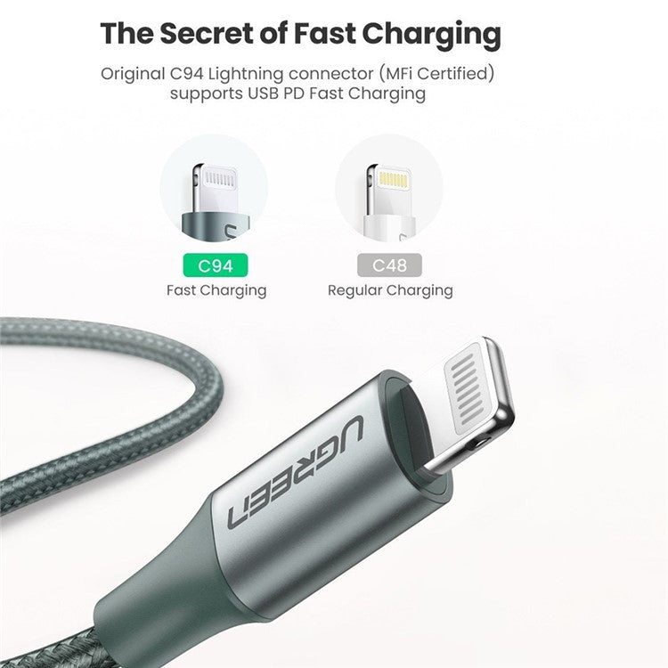 UGREEN MFI Certified Type-C to Lightning 3A PD Charger Aluminum Shell High Speed Data Cable for iOS - Midnight Green