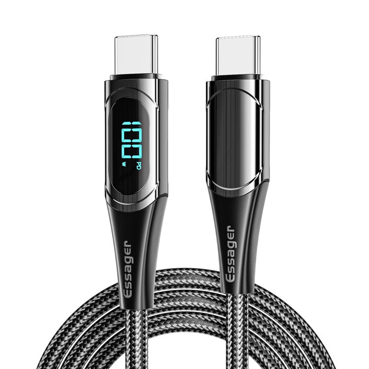 ESSAGER 1m Data Cable Braided Design for MacBook 100W 5A Supports QC 3.0 Charge Cable with LED Digital Screen - Black