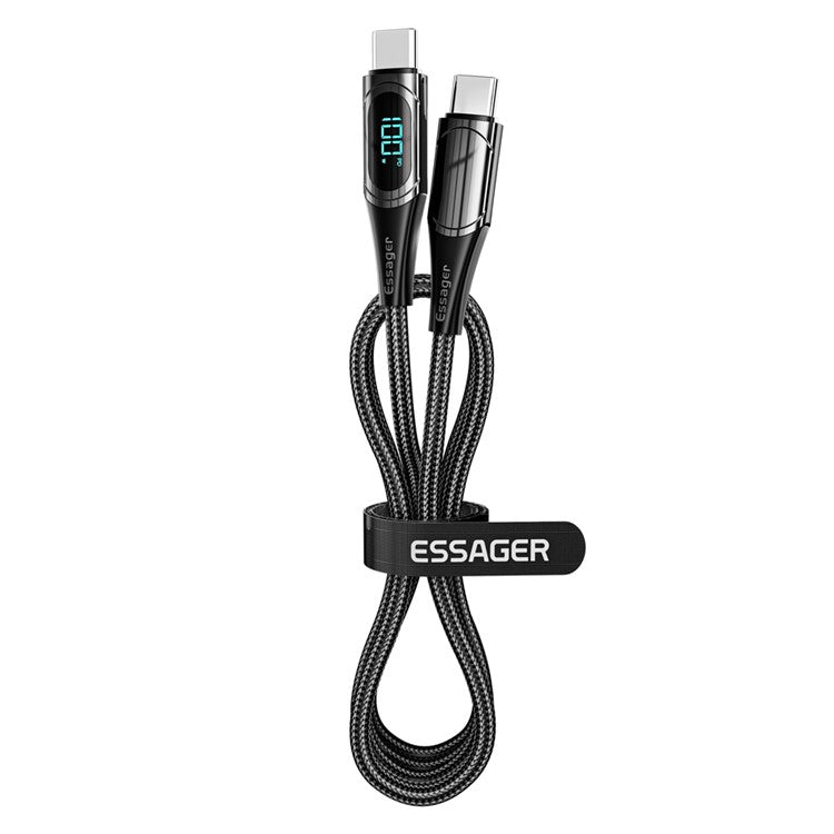 ESSAGER 1m Data Cable Braided Design for MacBook 100W 5A Supports QC 3.0 Charge Cable with LED Digital Screen - Black