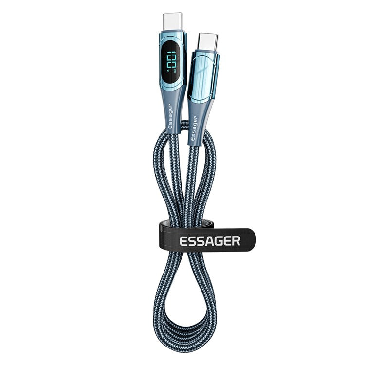 ESSAGER 1m Data Cable Braided Design for MacBook 100W 5A Supports QC 3.0 Charge Cable with LED Digital Screen - Blue