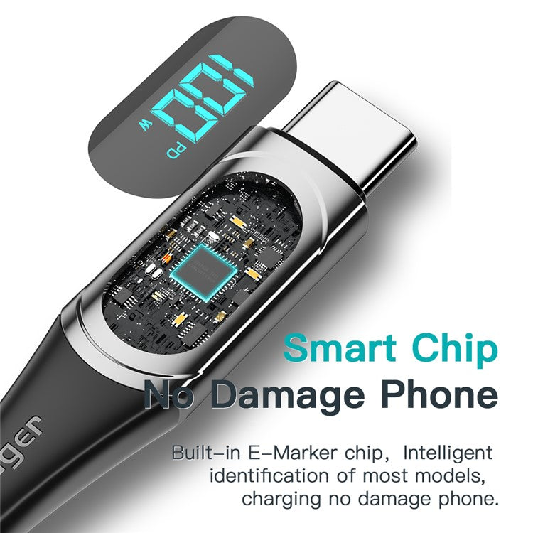 ESSAGER 1m Data Cable Braided Design for MacBook 100W 5A Supports QC 3.0 Charge Cable with LED Digital Screen - Blue