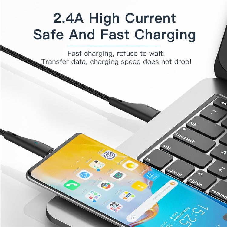 ESSAGER 3m Smartphone Charger Cord 2.4A Cable USB to iP 480Mbps Transfer Braided Design LED Light for Lightning Devices - Black