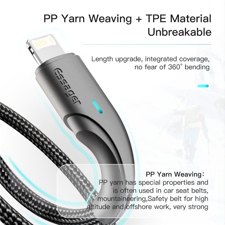 ESSAGER 1m Cell Phone Cable USB to iP 2.4A Fast Charging Cord 480Mbps Transfer Braided Design LED Light Design Line for Lightning Devices - Black