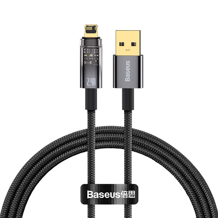 BASEUS Explorer Series 1m USB to iP Cable Auto Power Off/On 2.4A Fast Charging LED Light Indicator Data Transfer Nylon Braided Cord - Black