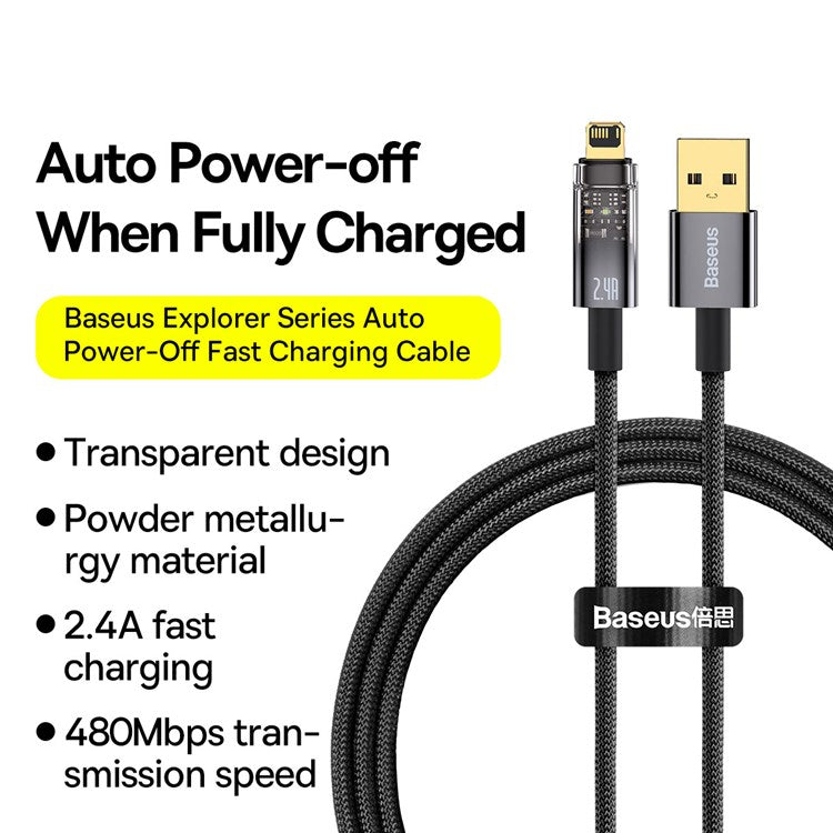 BASEUS Explorer Series 1m USB to iP Cable Auto Power Off/On 2.4A Fast Charging LED Light Indicator Data Transfer Nylon Braided Cord - Black