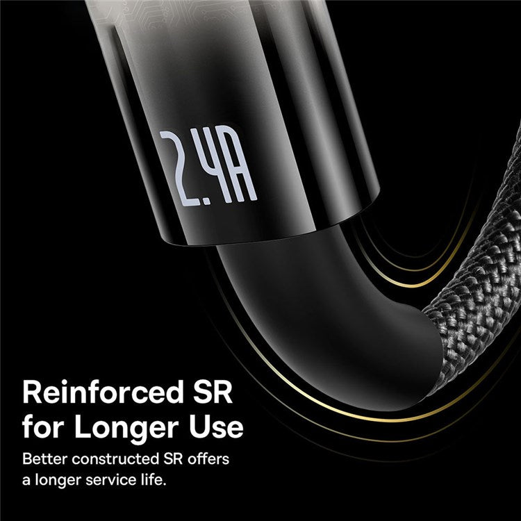 BASEUS Explorer Series 1m USB to iP Cable Auto Power Off/On 2.4A Fast Charging LED Light Indicator Data Transfer Nylon Braided Cord - Black