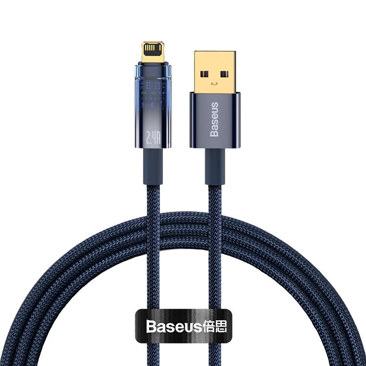 BASEUS Explorer Series 1m USB to iP Cable Auto Power Off/On 2.4A Fast Charging LED Light Indicator Data Transfer Nylon Braided Cord - Blue