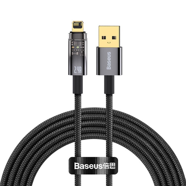 BASEUS Explorer Series 2m Auto Power Off/On USB to iP 2.4A Fast Charging Cable LED Light Indicator Data Transfer Nylon Braided Cord - Black