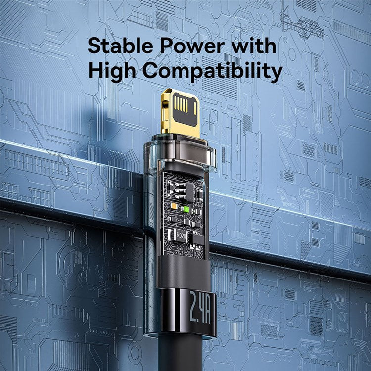 BASEUS Explorer Series 2m Auto Power Off/On USB to iP 2.4A Fast Charging Cable LED Light Indicator Data Transfer Nylon Braided Cord - Black