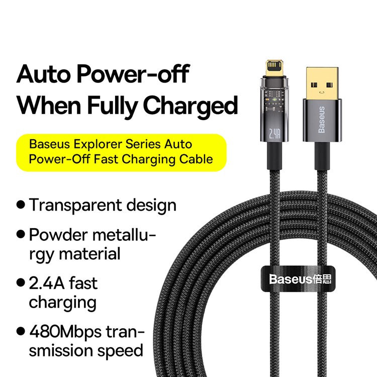 BASEUS Explorer Series 2m Auto Power Off/On USB to iP 2.4A Fast Charging Cable LED Light Indicator Data Transfer Nylon Braided Cord - Black