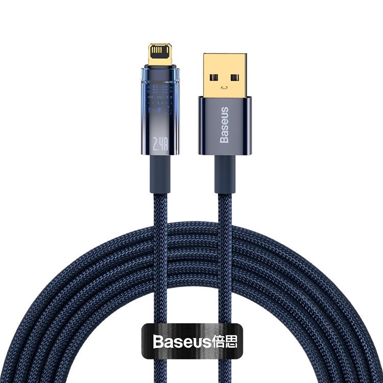 BASEUS Explorer Series 2m Auto Power Off/On USB to iP 2.4A Fast Charging Cable LED Light Indicator Data Transfer Nylon Braided Cord - Blue