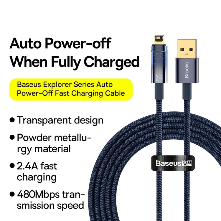 BASEUS Explorer Series 2m Auto Power Off/On USB to iP 2.4A Fast Charging Cable LED Light Indicator Data Transfer Nylon Braided Cord - Blue