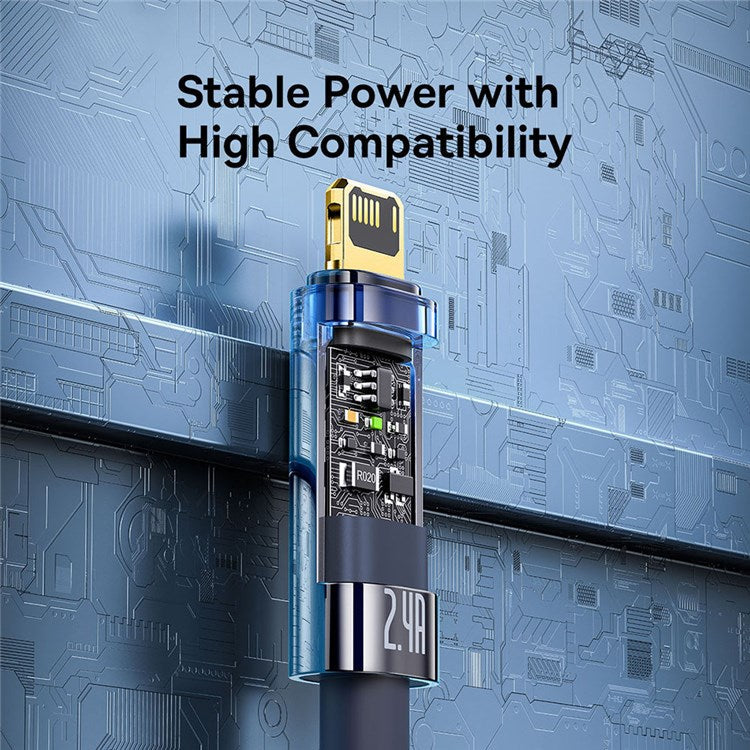 BASEUS Explorer Series 2m Auto Power Off/On USB to iP 2.4A Fast Charging Cable LED Light Indicator Data Transfer Nylon Braided Cord - Blue