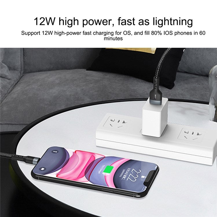 IVON CA88 USB to Lightning 12W 2.4A Fast Charging Cable 8 Pin Data Nylon Braided Cord, 1m