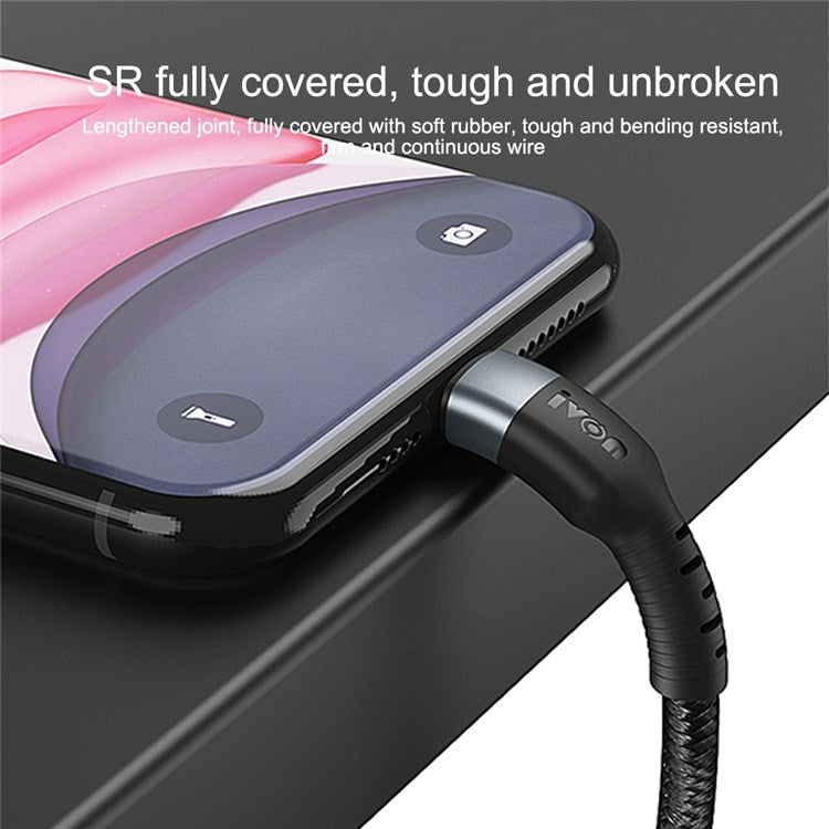 IVON CA88 USB to Lightning 12W 2.4A Fast Charging Cable 8 Pin Data Nylon Braided Cord, 1m