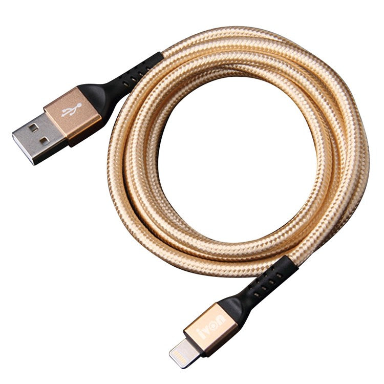 IVON CA89 1m USB to Lightning 8 Pin Charging Cord Braided Design for iPhone 2.1A Fast Charger Data Transfer Cord - Gold
