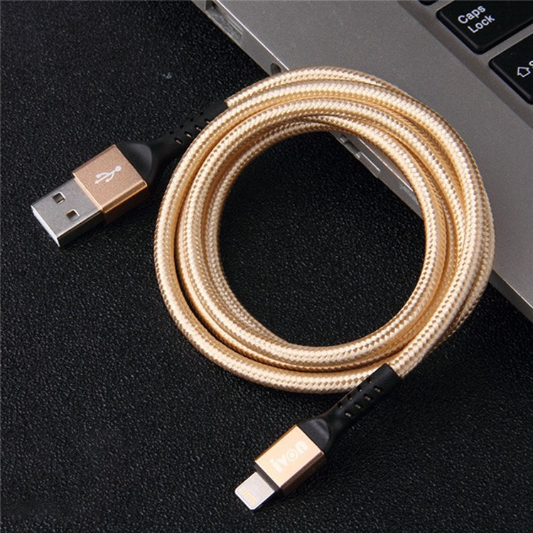 IVON CA89 1m USB to Lightning 8 Pin Charging Cord Braided Design for iPhone 2.1A Fast Charger Data Transfer Cord - Gold
