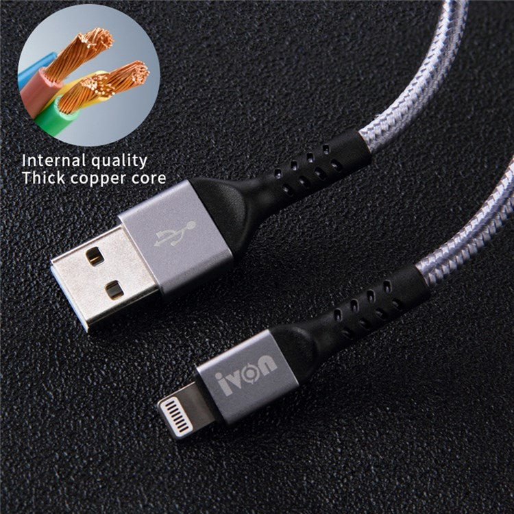 IVON CA89 1m USB to Lightning 8 Pin Charging Cord Braided Design for iPhone 2.1A Fast Charger Data Transfer Cord - Gold