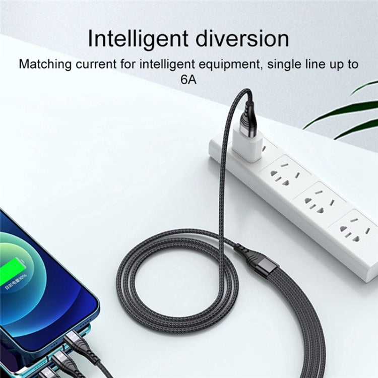 For iPhone 15 Series 2m 4-in-1 66W 6A 4-Output Fast Charging Charging Cable USB to 8Pin+Micro USB+Dual Type-C Braided Cable Adapter - Grey