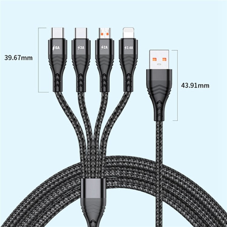 For iPhone 15 Series 1.2m 4-in-1 66W USB to 8Pin+Micro USB+Dual Type-C Multi-Output Fast Charging Charging Cable - Grey