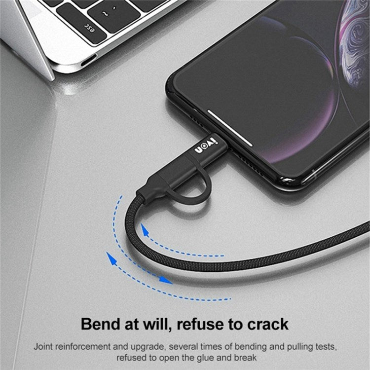 IVON CA52 for iPhone 15 Series 1m 2.4A Charger Wire USB to Type-C+Micro USB Data Cable - Black